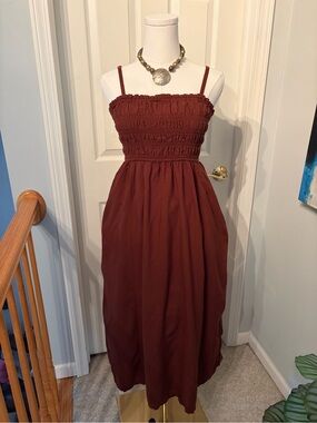 Earth Burgundy Smocked Spaghetti-Strap Midi Dress